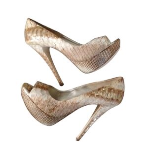 Loriblu Snake Leather Platform Heels Brown And Cream Embossed Peep Toe Pumps 7